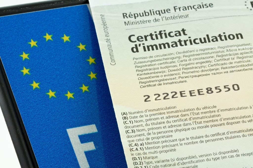 French registration certificate and number plate